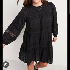 Long-Sleeve Pin tucked Clip Dot Mini Swing Dress Black